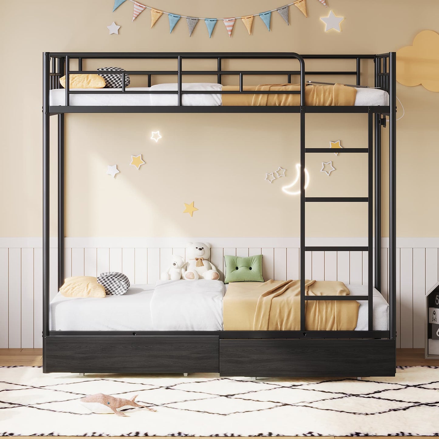 Twin Metal Bunk Bed with LED, USB Charging, Storage Drawers, No Box Spring Needed Black - Vektaya