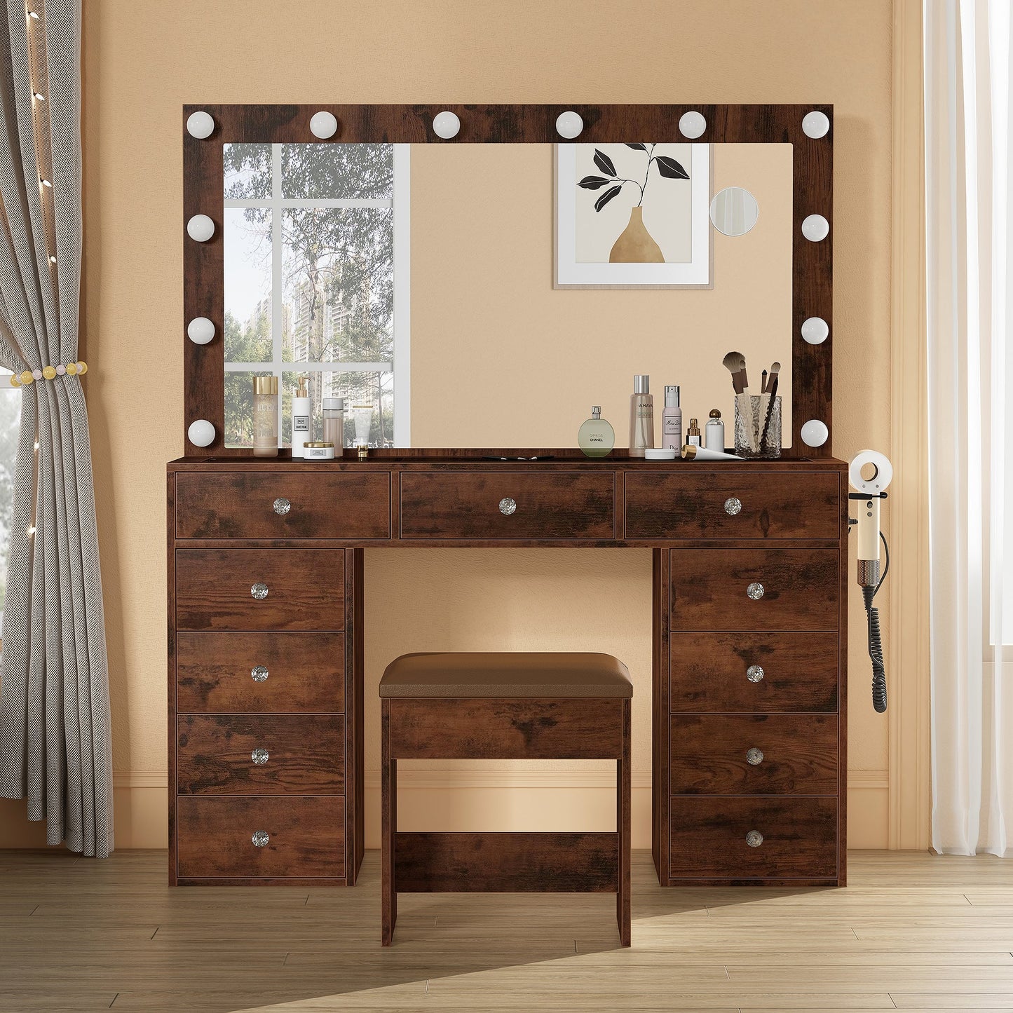 11-Drawer LED Mirror Vanity Desk - Vektaya