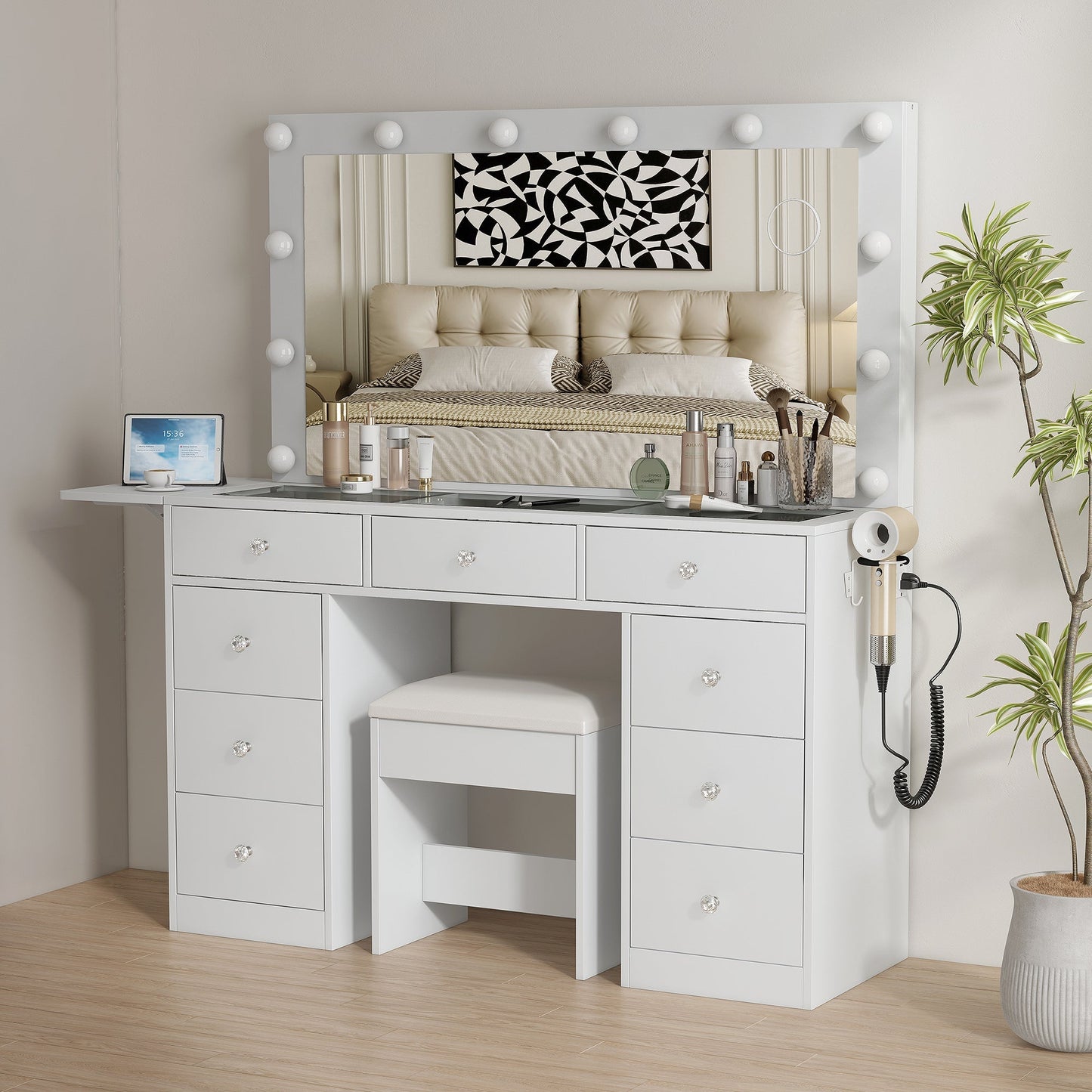 9-Drawer LED Mirror Vanity Desk - Vektaya