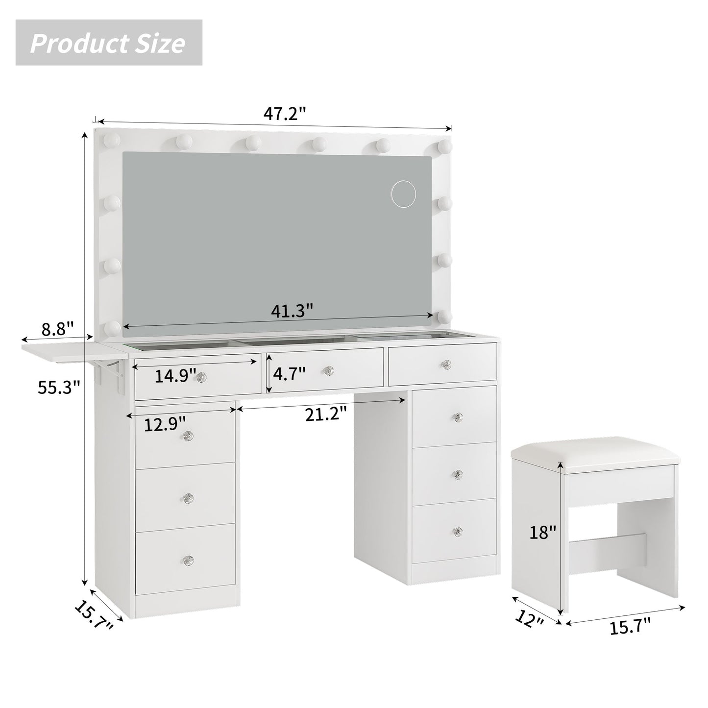 9-Drawer LED Mirror Vanity Desk - Vektaya