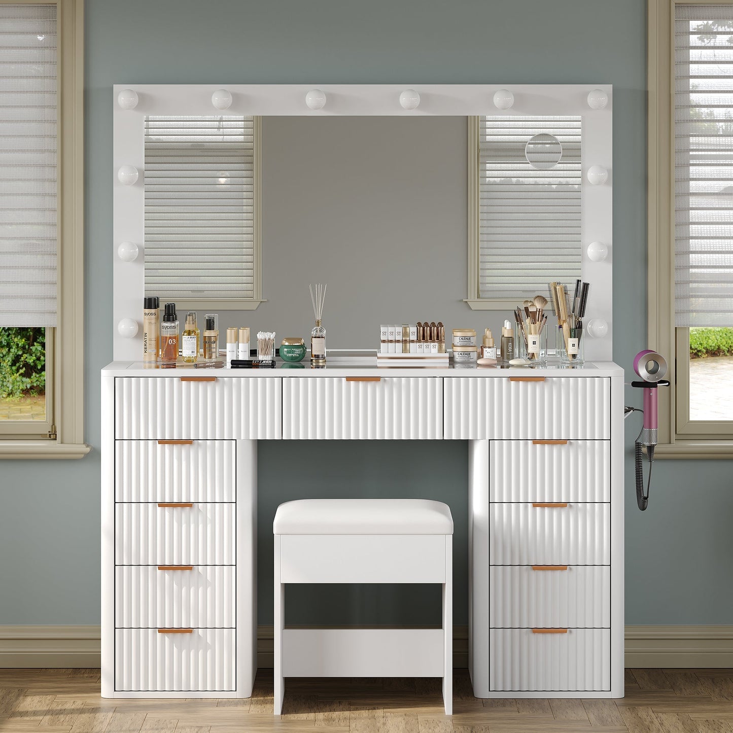 11-Drawer LED Mirror Vanity Desk - Vektaya