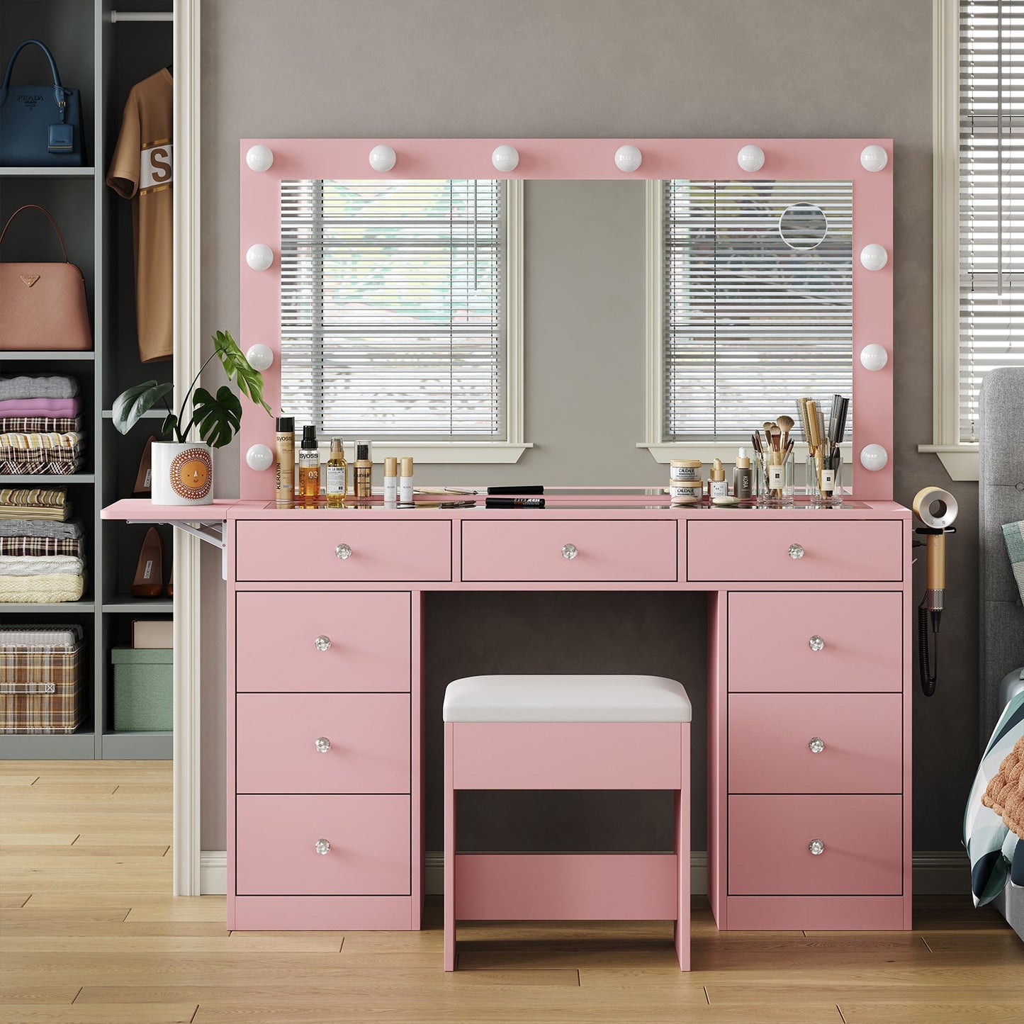 9-Drawer LED Mirror Vanity Desk - Vektaya