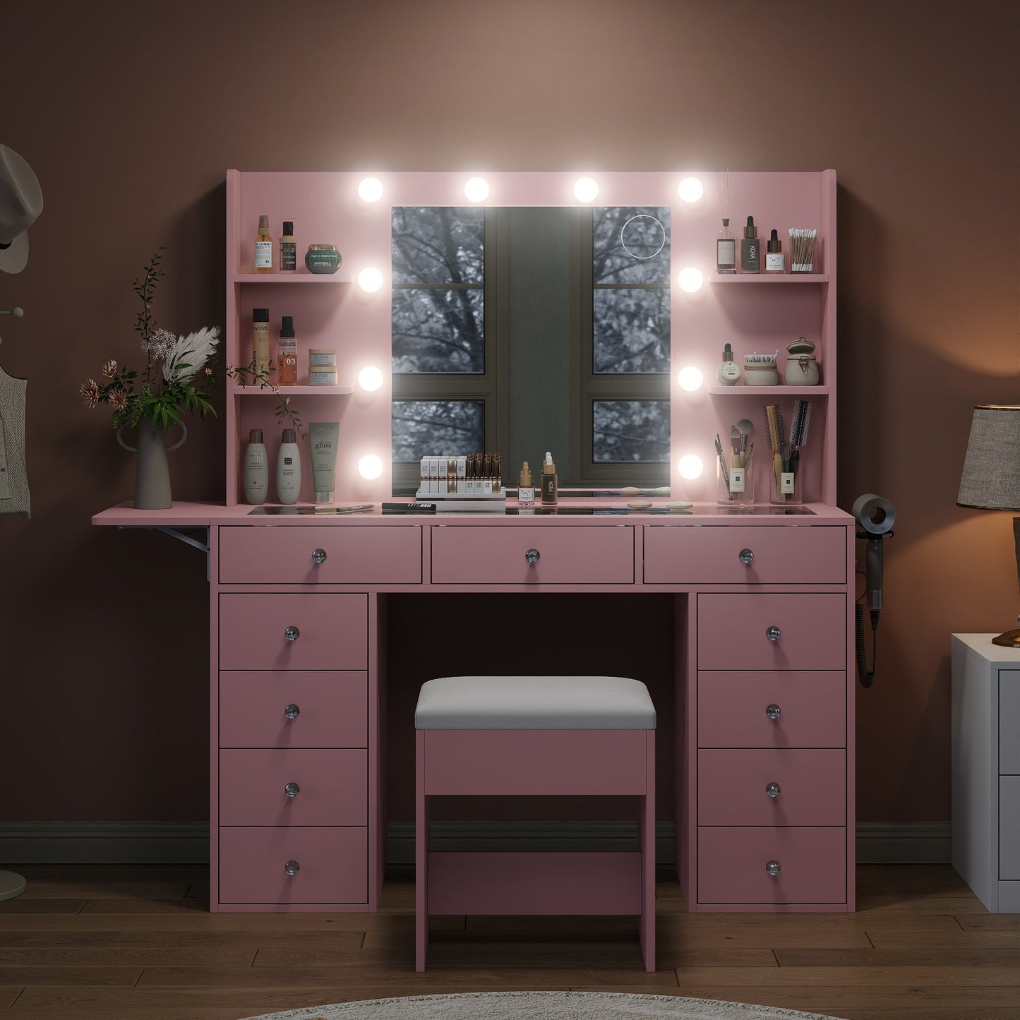 11-Drawer LED Mirror Vanity Desk - Vektaya