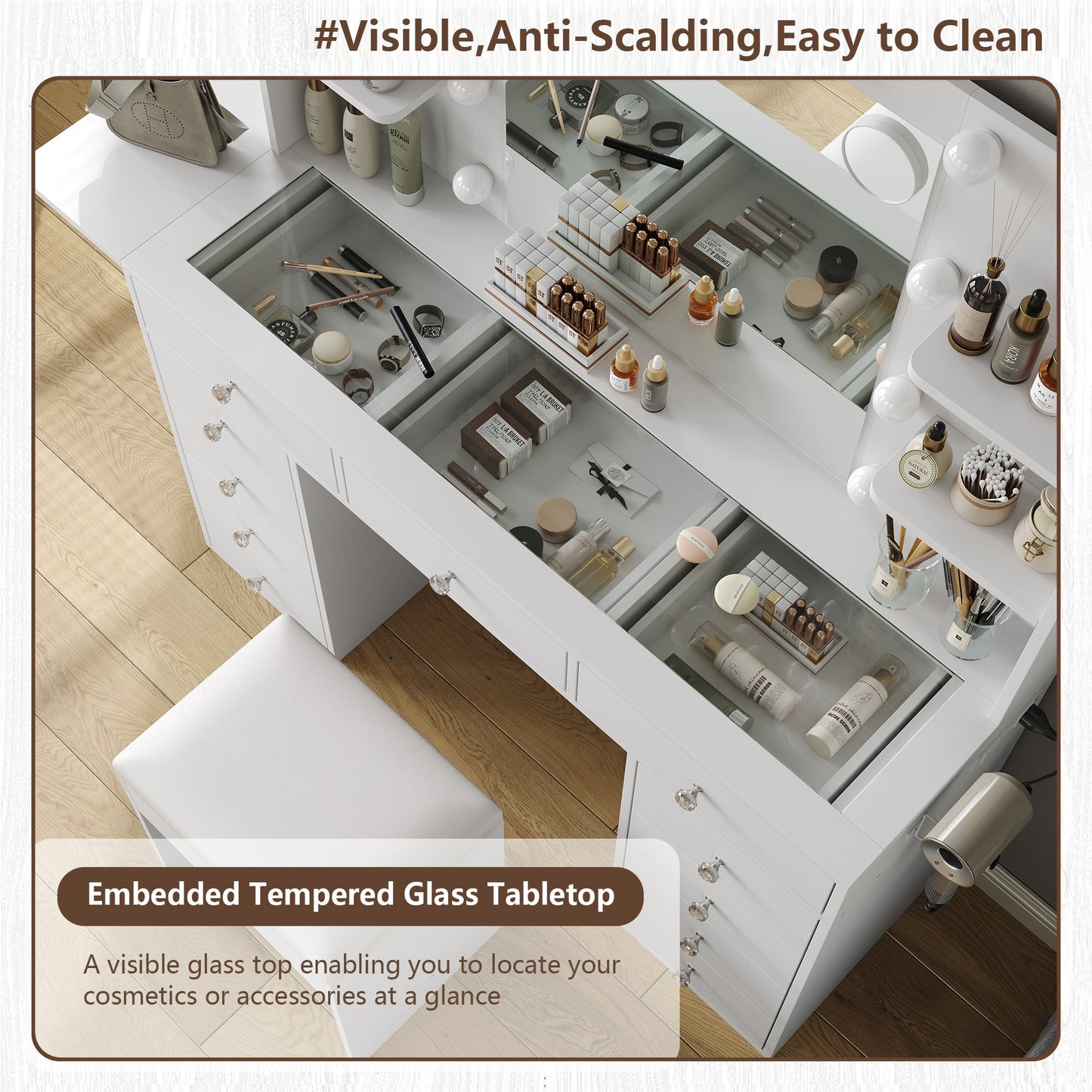 11-Drawer LED Mirror Vanity Desk - Vektaya