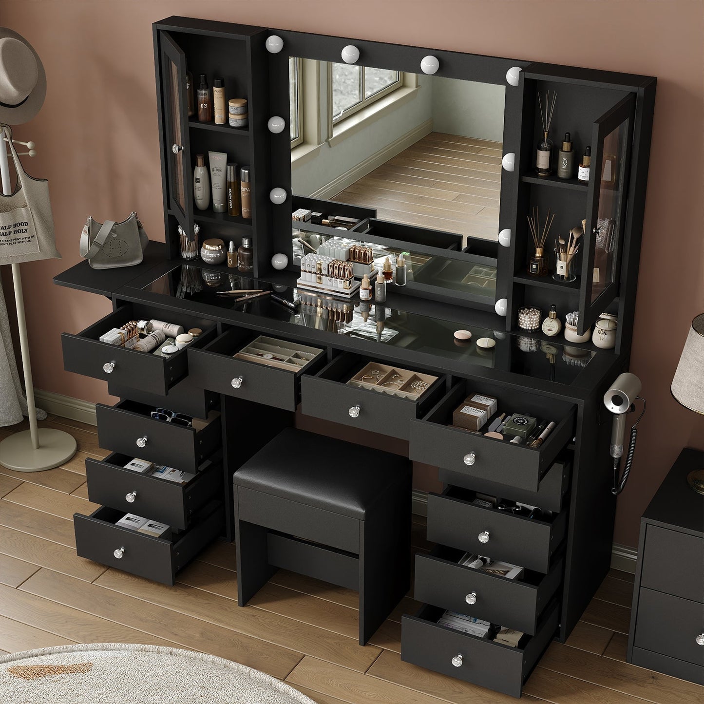 12-Drawer LED Mirror Vanity Desk - Vektaya