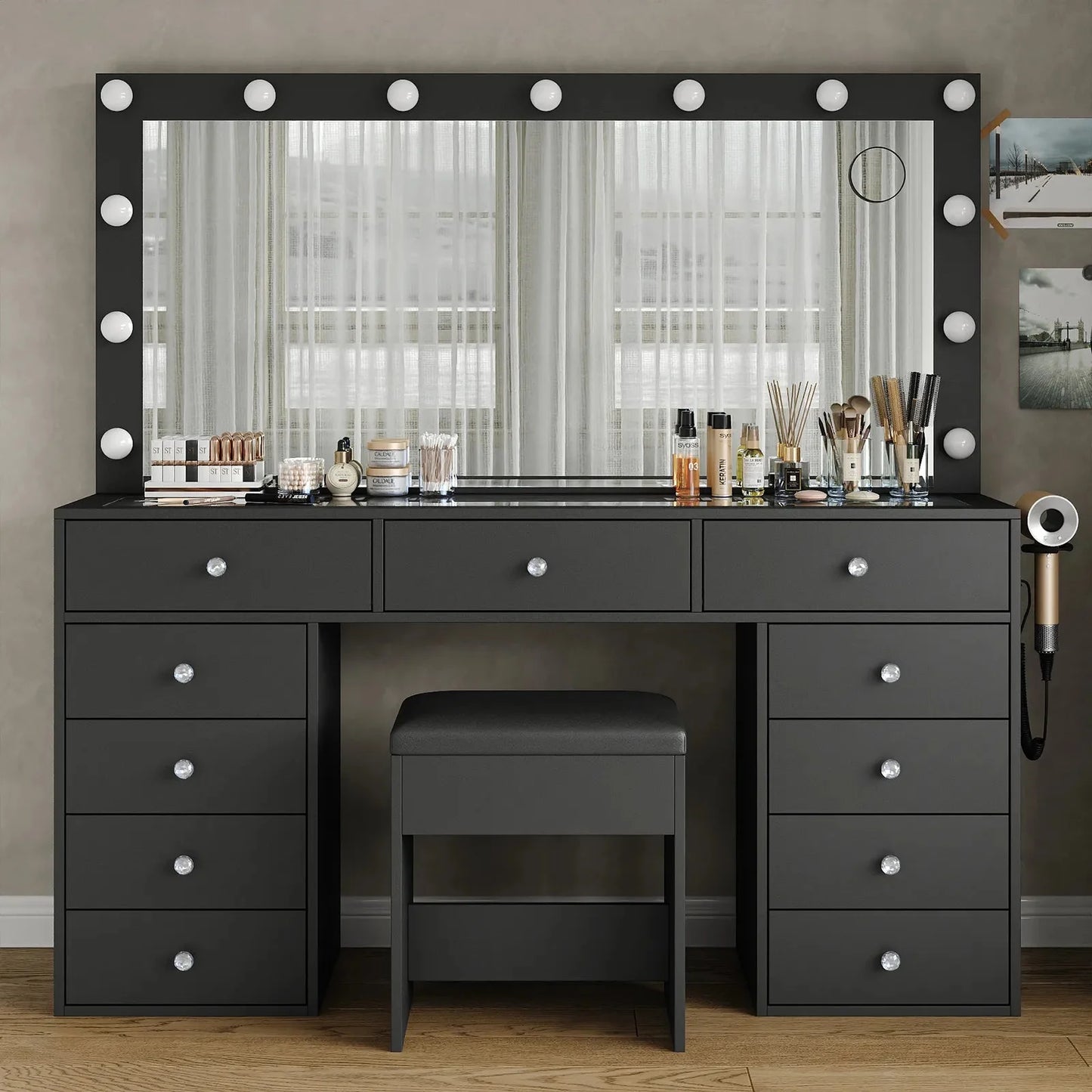 11-Drawer LED Mirror Vanity Desk - Vektaya
