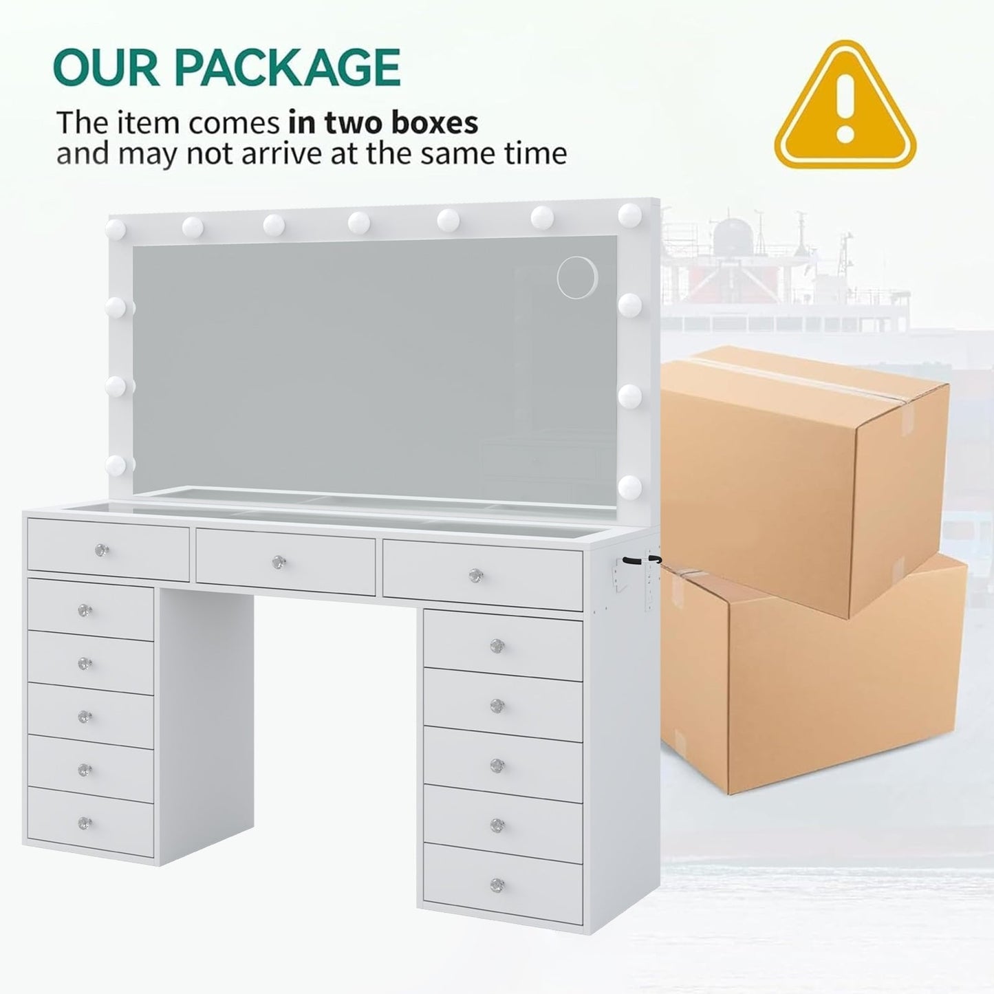 13-Drawer LED Mirror Vanity Desk - Vektaya