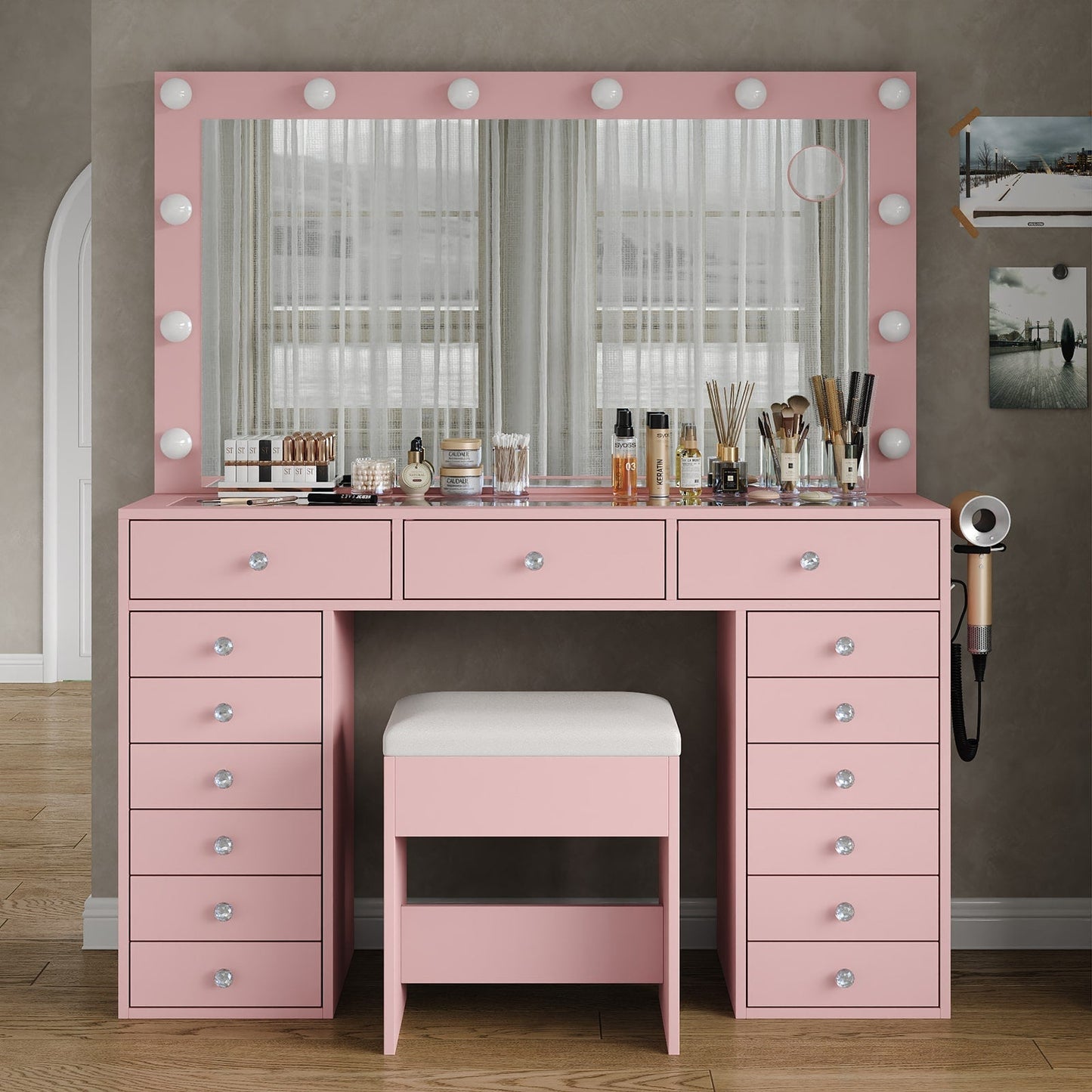 15-Drawer LED Mirror Vanity Desk - Vektaya