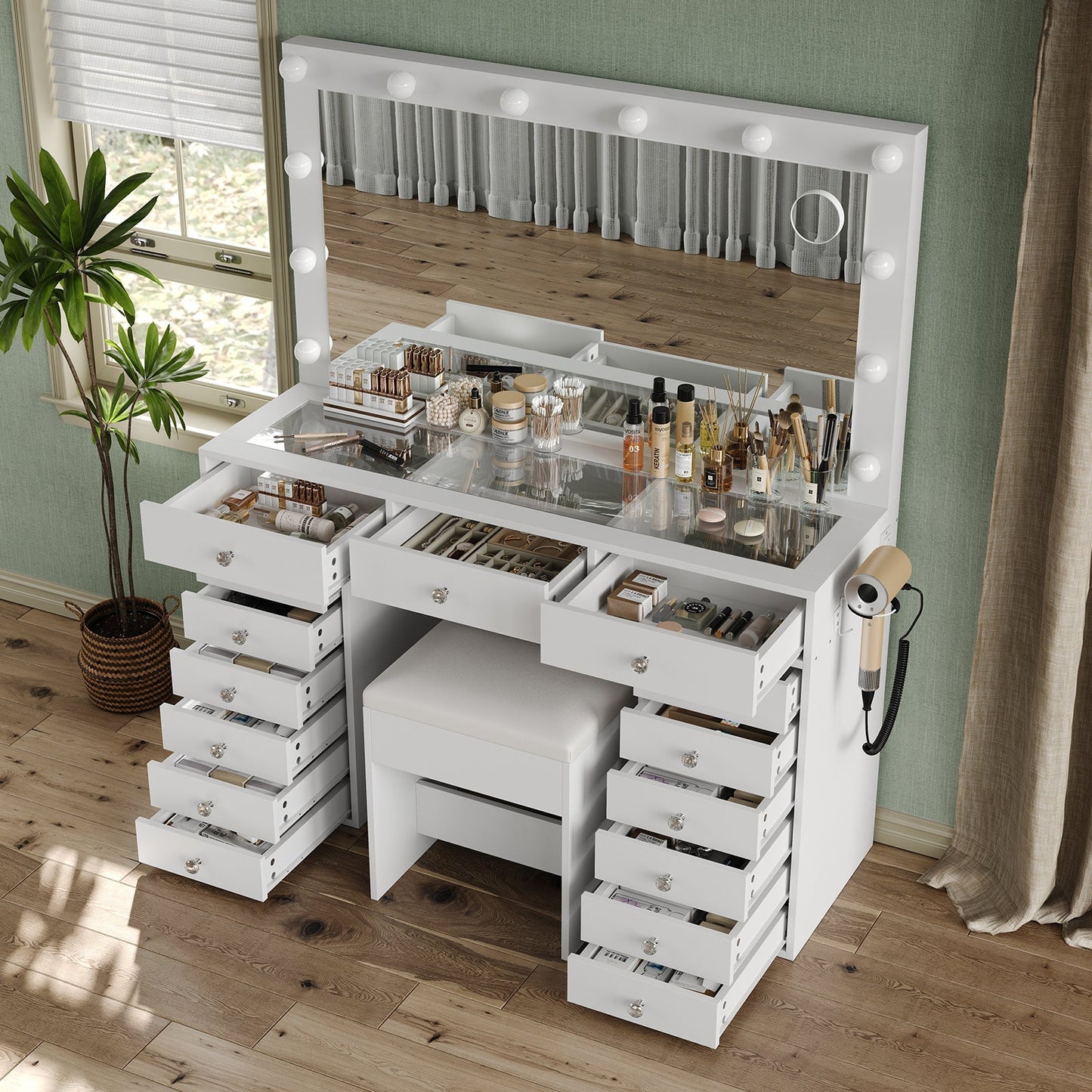 15-Drawer LED Mirror Vanity Desk - Vektaya
