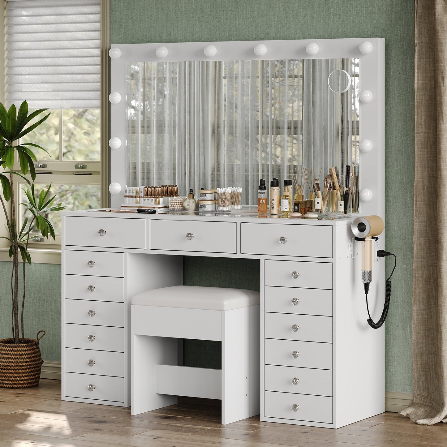 15-Drawer LED Mirror Vanity Desk - Vektaya